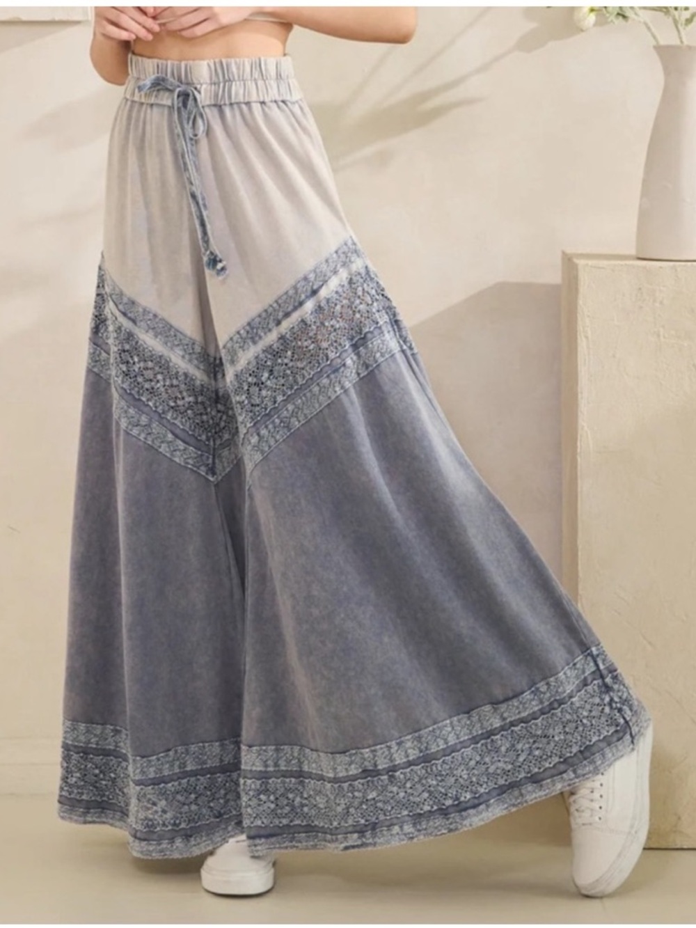 New: Oli & Hali Mineral Wash Lace Detail Flowy Wide Leg  Pants• Medium